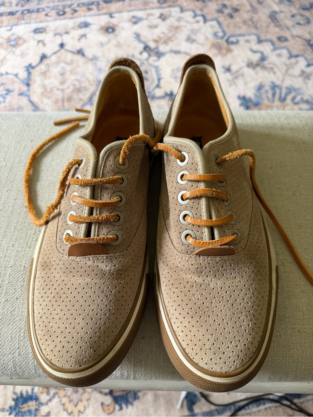 Tommy Bahama Perforated Suede Boat Shoes in Tan with Orange Laces
